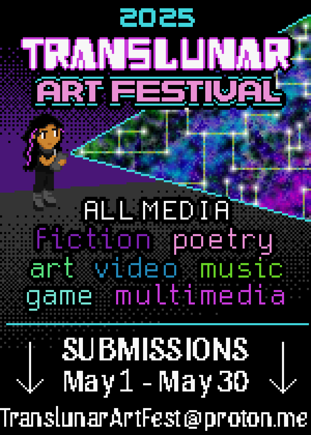 2025 Translunar Art Festival, All Media (fiction poetry art video music game multimedia), Submissions May 1 through May 30 to TranslunarArtFest@proton.me, image: a girl with brown skin and long wavy black hair with purple highlights holds an art tablet and a stylus and in front of her a rift opens up to a world of chaotic color, prominently green, blue, and purple, and a linear maze of pathways of light between shining stars